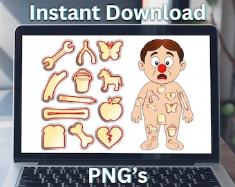 May include: A digital graphic displayed on a laptop screen featuring a cartoon character with a red nose and various icons including a wrench, wishbone, butterfly, bucket, horse, pencil, apple, bread slice, bone, and broken heart shapes.