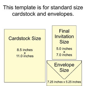 May include: A diagram showing the standard sizes for cardstock and envelopes. The cardstock is 8.5 inches by 11.0 inches. The final invitation size is 5.0 inches by 7.0 inches. The envelope size is 7.25 inches by 5.25 inches.