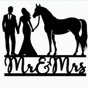Puede incluir: Silueta negra de una novia y un novio de pie junto a un caballo. El texto "Mr & Mrs" está debajo.
