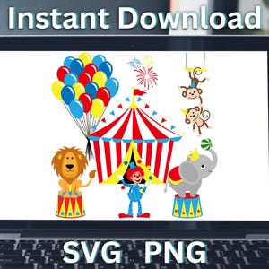 Circo SVG, Carnaval Svg, Carpa de circo, Cumpleaños, Elefante, León, Mono, Globos, para Cricut, Silhouette, Glowforge, Sublimación, Imprimible