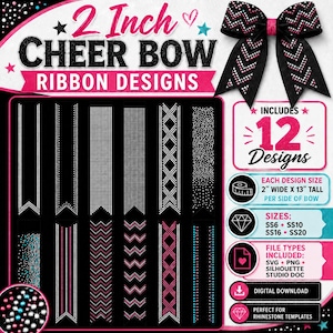 May include: A digital collection of 12 rhinestone cheer bow ribbon designs, each measuring 2 inches wide by 13 inches tall. The set includes various patterns like chevrons, diamonds, and dots in black, pink, and blue, provided as SVG and PNG files.