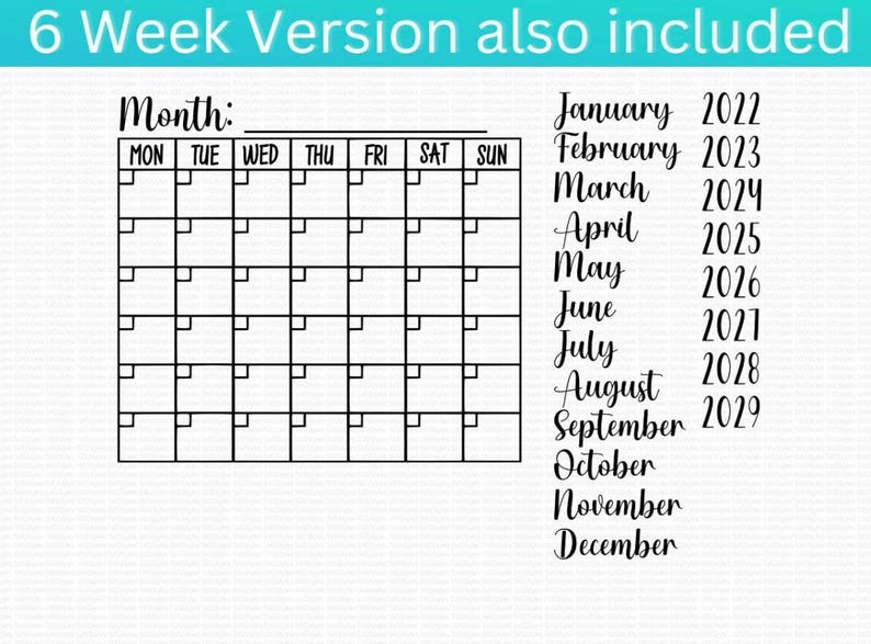 Calendar Month Template SVG PNG Jpg Pdf for Whiteboard, Print, Cricut ...