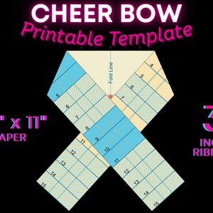 Może przedstawiać: Drukowany szablon kokardy dla cheerleaderek z wzorem kratki, z tekstem "CHEER BOW Printable Template". Projekt jest przeznaczony na papier o wymiarach 21,6 cm x 27,9 cm i wstążkę o szerokości 7,6 cm. Szablon zawiera linię zgięcia i ponumerowane sekcje.