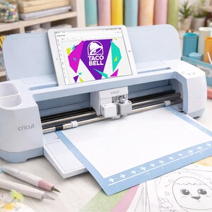 Puede incluir: Una m&aacute;quina de corte electr&oacute;nica Cricut de color azul claro con una tableta acoplada en la ranura superior que muestra un logotipo de Taco Bell. La m&aacute;quina cuenta con un carro de corte blanco, rieles met&aacute;licos y una alfombrilla azul.