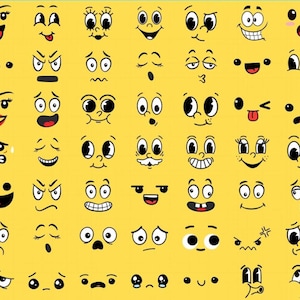 May include: A yellow background with a grid of 48 cartoon faces with different expressions. The faces have various features, including different eye shapes, eyebrows, mouths, and noses.
