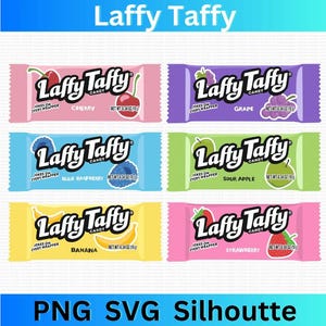 May include: Six colorful Laffy Taffy candy wrappers with different fruit flavors: cherry, grape, blue raspberry, sour apple, banana, and strawberry. Each wrapper features the Laffy Taffy logo, a cartoon fruit, and the text "Jokes on Every Wrapper".