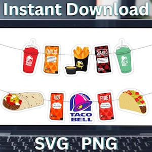 May include: A digital banner display on a laptop screen featuring two rows of Taco Bell themed graphics. The icons include red and green drinks, mild, hot, fire, and diablo sauce packets, french fries, a burrito, a taco, and the Taco Bell logo.