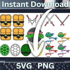 May include: A digital display showing a collection of Teenage Mutant Ninja Turtles graphic elements including yellow turtle shells with letters, ninja weapons, a logo, and various colored turtle masks in SVG and PNG file formats.
