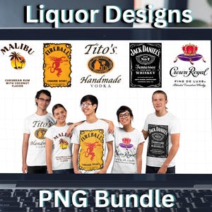 Może przedstawiać: Ekran laptopa wyświetlający kolekcję logo marek alkoholi, w tym Malibu, Fireball, Tito's Vodka, Jack Daniel's i Crown Royal. Loga są wyświetlane na białych koszulkach noszonych przez pięć osób. Na dole ekranu widnieje tekst "PNG Bundle".