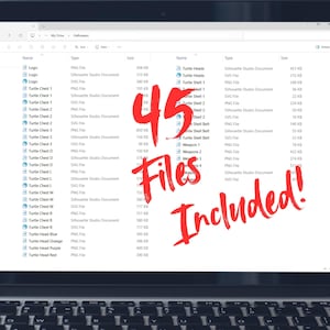 May include: Laptop screen displaying a file list with the text "45 Files Included!". The files are categorized under headings like "Logo", "Turtle Heads", and "Turtle Chest". The screen is open on a silver laptop.