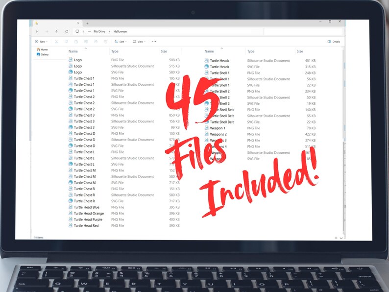 May include: Laptop screen displaying a file list with the text "45 Files Included!". The files are categorized under headings like "Logo", "Turtle Heads", and "Turtle Chest". The screen is open on a silver laptop.