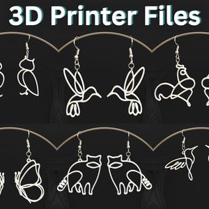 Puede incluir: Un conjunto de diseños de pendientes imprimibles en 3D con varios animales, incluyendo búhos, colibríes, gallos, mariposas y gatos. Los diseños son simples y elegantes, con una estética minimalista.