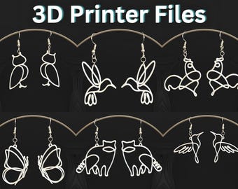 May include: A set of 3D printable earring designs featuring various animals, including owls, hummingbirds, roosters, butterflies, and cats. The designs are simple and elegant, with a minimalist aesthetic.