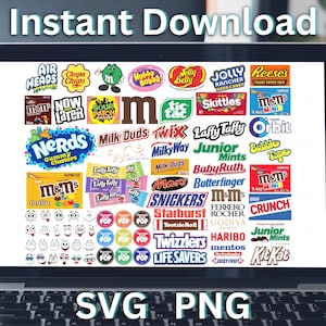May include: Laptop screen displaying a collection of candy logos, including M&M's, Skittles, and Snickers. The words "Instant Download" are at the top, with "SVG PNG" at the bottom. The image is on a wooden surface.