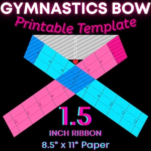 May include: A printable template for a gymnastics bow featuring a cross-shaped design with blue and pink grid-patterned sections. The text reads GYMNASTICS BOW Printable Template, 1.5 INCH RIBBON, and 8.5" x 11" Paper, with a small red heart icon.