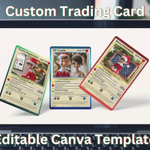 May include: Three custom trading cards displayed on a laptop screen, featuring characters named Pickles Peppermint, Elf Couple, and Benny Bumblebells. Each card includes 2026 HP, move names like Holliday Harmony and Mistletoe Magic, and text.