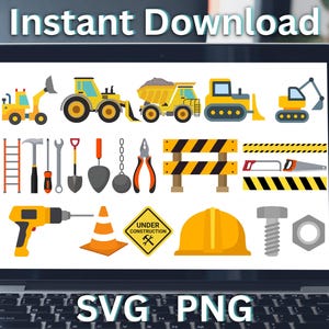 Construction Svg Bundle, Trucks Excavator Backhoe Tractor Dump Truck, Tools Svg Files, Construction Clipart, Boy Birthday, Cricut Silhouette