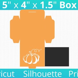Peut inclure: Gabarit de boîte orange avec un motif de citrouille blanche. La boîte mesure 12,7 cm x 10,2 cm x 3,8 cm. Les mots "Cricut Silhouette Print" sont en bas. La boîte est conçue pour l'artisanat et l'impression.