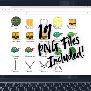 May include: A laptop screen displays a collection of 19 PNG files, including turtle chest designs, turtle heads, weapons, and a logo. The text "19 PNG Files Included!" is written across the screen.
