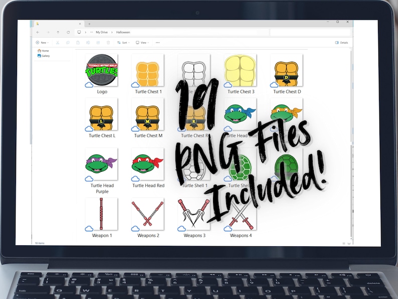 May include: A laptop screen displays a collection of 19 PNG files, including turtle chest designs, turtle heads, weapons, and a logo. The text "19 PNG Files Included!" is written across the screen.