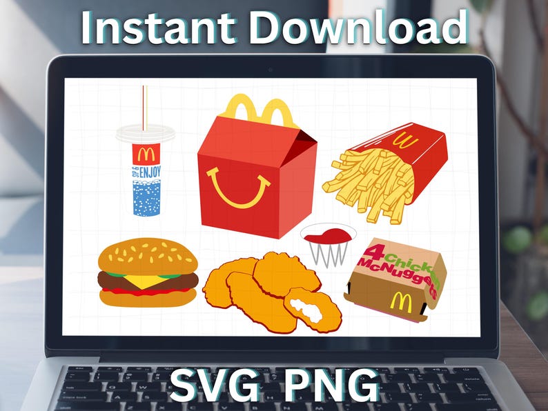 May include: A digital illustration of various McDonald's food items, including a hamburger, chicken nuggets, french fries, a drink, and boxes of chicken McNuggets and Big Macs. The image is displayed on a laptop screen with the text "SVG PNG" below the image.