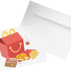 May include: A red and yellow McDonald's Happy Meal box with a smiling face, along with a cup, 4 Chicken McNuggets, a small box of fries, and a dipping sauce.