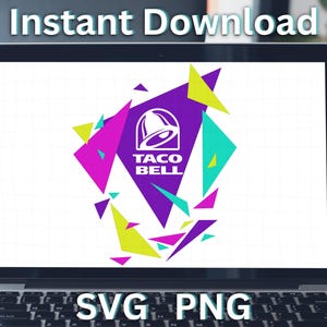 Puede incluir: Un gr&aacute;fico digital mostrado en la pantalla de una computadora port&aacute;til con el logotipo de Taco Bell en blanco centrado sobre un tri&aacute;ngulo morado grande. El dise&ntilde;o est&aacute; rodeado por tri&aacute;ngulos geom&eacute;tricos dispersos en tonos brillantes de magenta, verde lima y cian.
