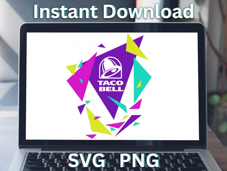 Puede incluir: Un gr&aacute;fico digital mostrado en la pantalla de una computadora port&aacute;til con el logotipo de Taco Bell en blanco centrado sobre un tri&aacute;ngulo morado grande. El dise&ntilde;o est&aacute; rodeado por tri&aacute;ngulos geom&eacute;tricos dispersos en tonos brillantes de magenta, verde lima y cian.