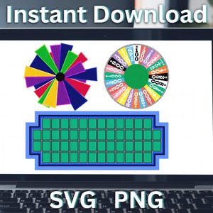 May include: A digital graphic file displayed on a laptop screen featuring a colourful multi-pointed star, a circular game wheel with various pound amounts and text, and a rectangular green grid board with a blue border. Text reads Instant Download SVG PNG.