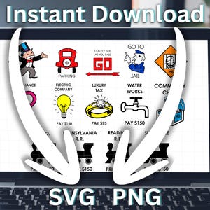 May include: A digital graphic displayed on a laptop screen featuring various board game icons including a character in a top hat, a red car, a lightbulb, a diamond ring, a water faucet, and train silhouettes, with text including GO, JAIL, and SVG PNG.
