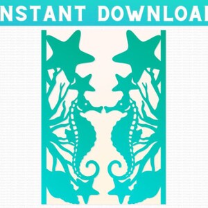 May include: A digital cut file design featuring two seahorses facing each other, with starfish and seaweed details. The design is in a teal blue color.