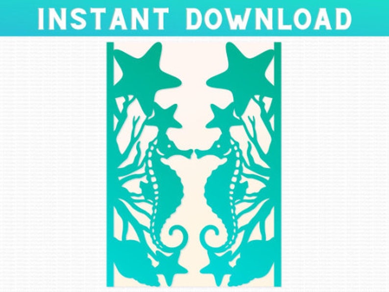 May include: A digital cut file design featuring two seahorses facing each other, with starfish and seaweed details. The design is in a teal blue color.