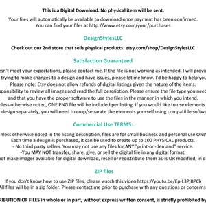 May include: Text on a white background with black text outlining the terms of use for a digital download. The text includes information about commercial use, distribution of files, and satisfaction guarantee. The text also includes a link to a video about how to use ZIP files.