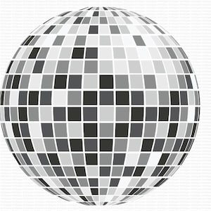 May include: A silver disco ball with a mirrored surface and a grid pattern of small squares.