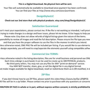 Puede incluir: Documento de texto que describe los t&eacute;rminos de uso para una descarga digital. El documento incluye informaci&oacute;n sobre la garant&iacute;a de satisfacci&oacute;n, los t&eacute;rminos de uso comercial y la distribuci&oacute;n de archivos. Tambi&eacute;n incluye un enlace a un video que explica c&oacute;mo usar archivos ZIP.