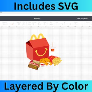 May include: A layered SVG cut file design of a McDonald's Happy Meal. The design includes a red box with the McDonald's logo, a yellow smiley face, a white cup with the letter 'M', a box of chicken McNuggets, chicken nuggets, and french fries.