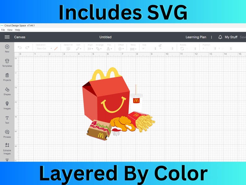 May include: A layered SVG cut file design of a McDonald's Happy Meal. The design includes a red box with the McDonald's logo, a yellow smiley face, a white cup with the letter 'M', a box of chicken McNuggets, chicken nuggets, and french fries.