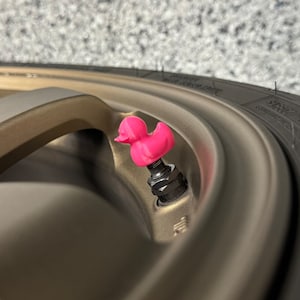 Puede incluir: Un tap&oacute;n de v&aacute;lvula de tallo de goma de pato rosa en una rueda de coche marr&oacute;n.