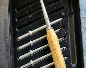 Hand-crafted wood-handled crochet hook set with interchangeable hooks