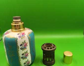 Antique Berger KF Pillivuyt lamp, turquoise blue model with polychrome and gold floral decoration
