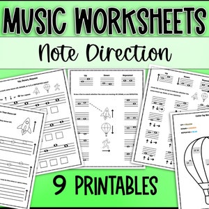 May include: Nine printable music worksheets for learning note direction. The worksheets feature musical staves with notes and arrows indicating up, down, or repeated notes. One worksheet includes a colouring page with a hot air balloon and sun.