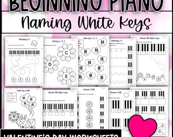 Beginning Piano Valentine's Worksheets - Finding White Notes CDE and FGAB: Keyboard Geography - Music Worksheets for Piano Lessons