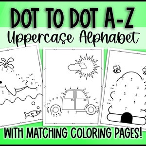 Van punt naar punt voor activiteiten in het alfabet in hoofdletters in de kleuterklas Verbind de punten puzzels voor kinderen - 15 puzzels met 15 bijpassende kleurplaten