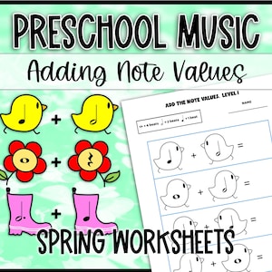 May include: A black and white printable worksheet for preschoolers to learn about music note values. The worksheet features a series of addition problems with musical notes and asks students to add the note values together. The worksheet is titled "Add the Note Values, Level 1" and includes a space for the student's name.