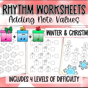 Könnte beinhalten: Lehrreiche Arbeitsblätter für Musikschüler. Das Bild zeigt Rhythmus-Arbeitsblätter mit dem Text "Rhythm Worksheets Adding Note Values" und "Winter & Christmas". Die Arbeitsblätter enthalten Geschenkboxen mit Noten und Schneeflocken. Der Text "Includes 4 Levels of Difficulty" ist ebenfalls sichtbar.