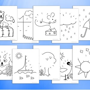 May include: A set of ten black and white connect-the-dots activity sheets for kids. The sheets feature various animals, objects, and scenes, such as a cow, a mouse, a sailboat, a tree, a chick, and a sun.