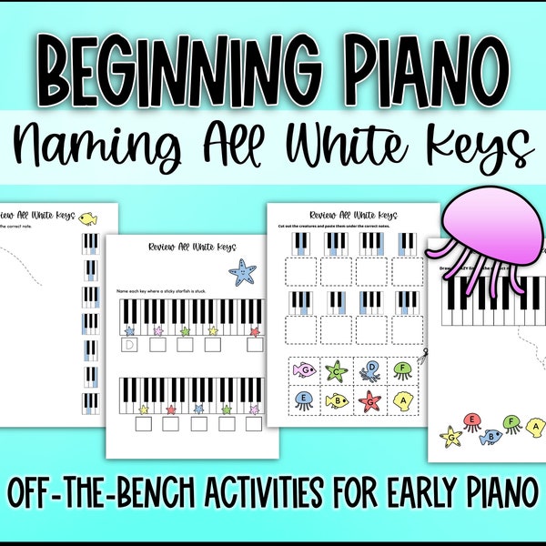 Preschool/Beginning Piano Music Theory: Naming White Keys Ocean Themed Worksheets and Activities, Keyboard Geography - Tracing, Cut & Paste