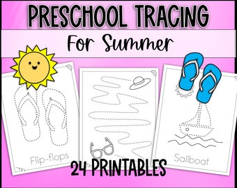 Puede incluir: Un conjunto de 24 hojas de trabajo de trazado preescolar imprimibles para el verano. Las hojas de trabajo presentan imágenes de chanclas, un velero y una línea ondulada. El texto "24 PRINTABLES" está impreso en letras grandes en la parte inferior de la imagen.