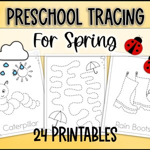 May include: A set of 24 printable preschool tracing worksheets featuring spring-themed images such as a caterpillar, rain boots, and an umbrella. The worksheets are designed to help children practise their fine motor skills and letter formation.