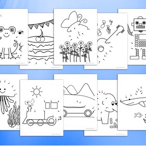 May include: A set of ten black and white printable dot-to-dot activity sheets for kids. The sheets feature a variety of images, including a frog, a cake, flowers, a guitar, a robot, a jellyfish, a train, a car, an elephant, and a shark.